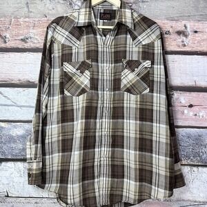 Vintage Plains Western Wear Long Sleeve Brown Shirt Pearl Snap Men's Size Large